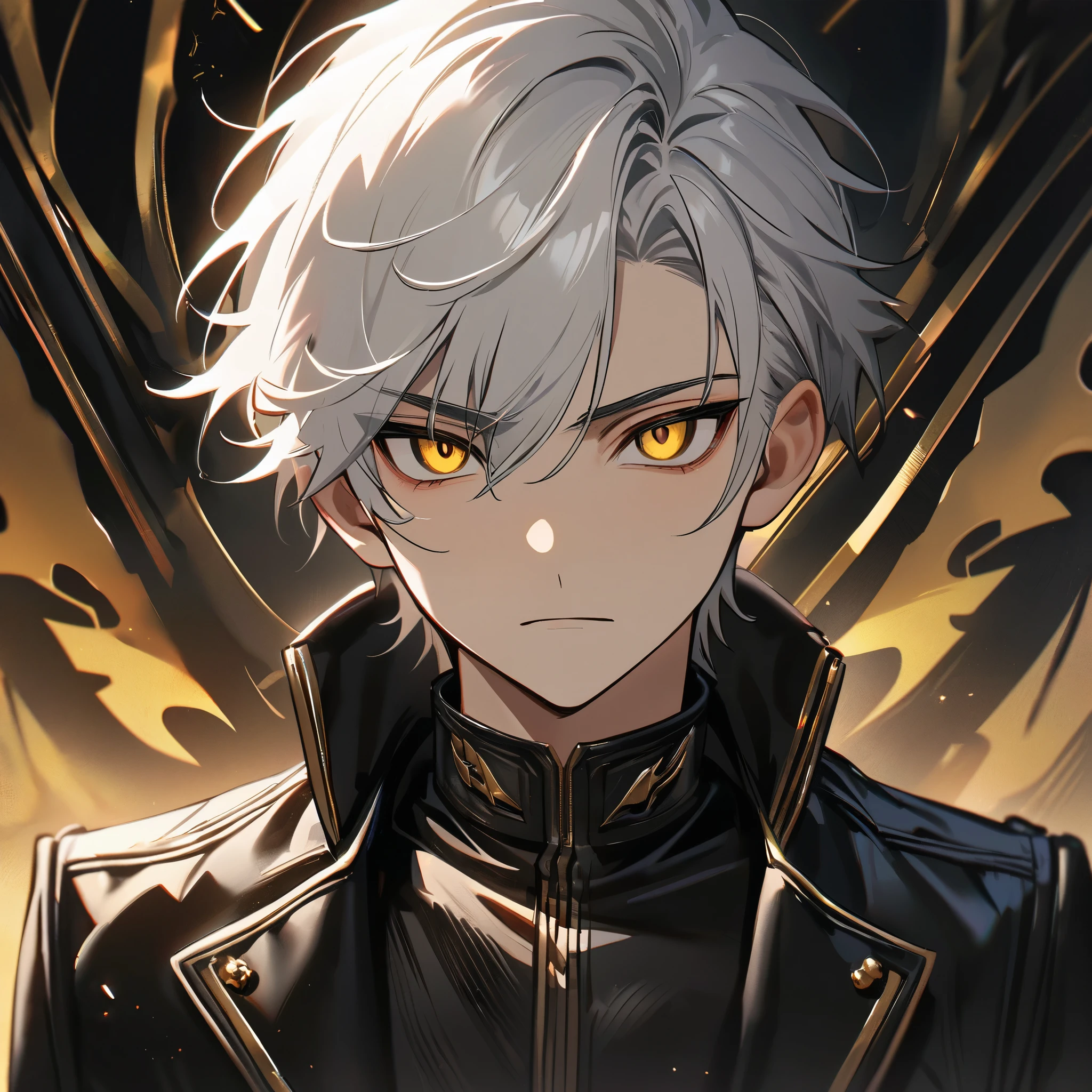 High quality, handsome male, 1male, 17 years old, teenager, golden lining, short white hair, sharp eyes, gold eyes, devil may cry, close up, calm expression, stoic, black leather clothes, black jacket, upper body, looking at viewer, cowboy shot, black dragon background
