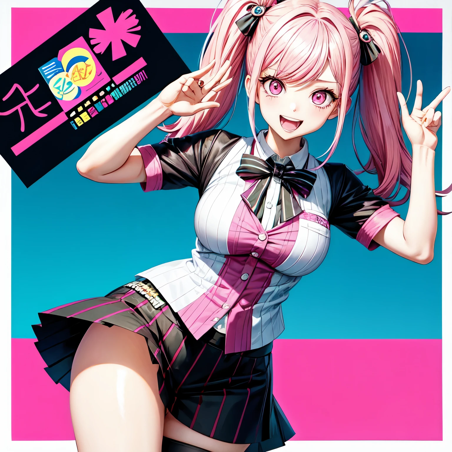 Pink hair, twin tails haristyle, danganronpa artstyle 

A cheerful and energetic cosplayer with a passion for mystery novels and detective work. Despite her seemingly carefree attitude, she possesses keen observation skills and a sharp intellect. She approaches the game with a sense of adventure, treating it like a real-life mystery to be solved.