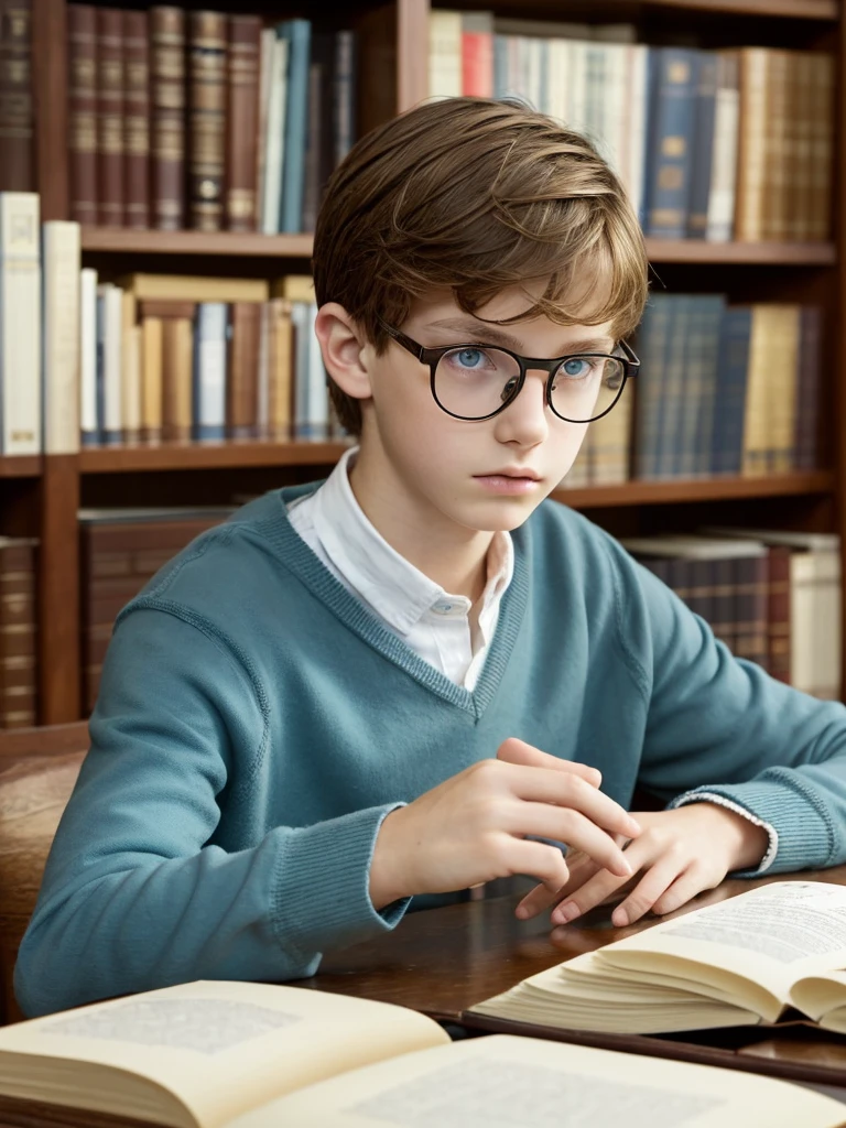 A boy of 11 years with light brown hair blue eyes white skin fine features fine European features in fine elegant clothes firm look sad melancholic serious with discreet glasses in the home library