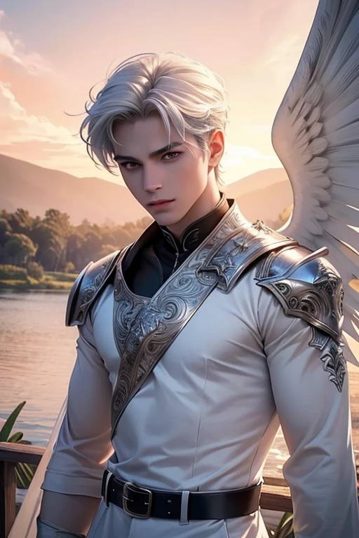 ((Best quality)), ((masterpiece)), (detailed), ((perfect face)), ((halfbody)) perfect proporcions,He is a handsome angel, 25 years old, white hair, he has white wings, He wears silver armor, angel wings, he has honey-colored eyes, There is a pink sky behind him, muscular male, he is a warriorangel, There is a sunset sky, he spreads his white angel wings there is a lake in the background, he has a metal belt, ((perfect face))