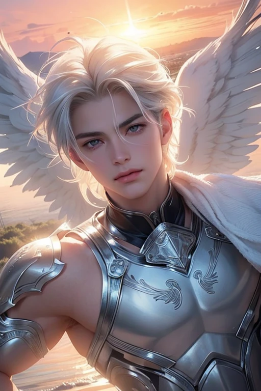 ((Best quality)), ((masterpiece)), (detailed), ((perfect face)), ((halfbody)) perfect proporcions,He is a handsome angel, 25 years old, white hair, he has white wings, He wears silver armor, angel wings, he has honey-colored eyes, There is a pink sky behind him, muscular male, he is a warriorangel, There is a sunset sky, he spreads his white angel wings there is a lake in the background, he has a metal belt, ((perfect face))