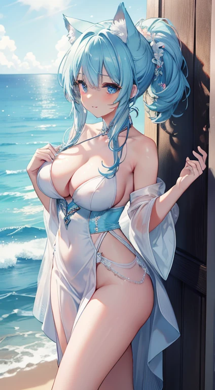 masterpiece, best quality, ultra-detailed, kawaii, cute,lovely, sexy, ero, extremely detailed, 4K, 8K, best quality, beautiful3, realistic, real, bar, sacred place by the ocean, a pretty woman in a solo performance, dress adorned with light blue hair cascading in soft waves, beautiful blue eyes shining with a light smile, large breasts accentuated by the dress, ponytail accessorized with cat ears, a sacred place bathed in beautiful light.

This masterpiece captures the essence of the beautiful woman in her solo performance at the sacred place by the ocean. The ultra-detailed and extremely detailed 4K