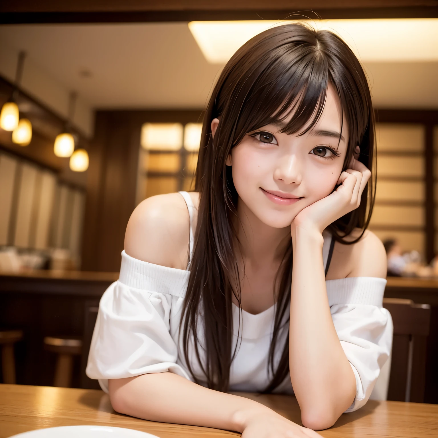 Best quality, masterpiece, ultra-high resolution, 8K, (reality: 1.4), RAW shooting, most detailed face, very detailed and perfect anatomy, live photography; most beautiful face; shining skin;One Japanese girl, one 18-year-old Japanese.My bangs and eyes are big and cute.It has brown eyes, gentle eyes, long brown hair, a young face, Look at the audience. Best smile.Off-shoulder Tips.eat at a restaurant.