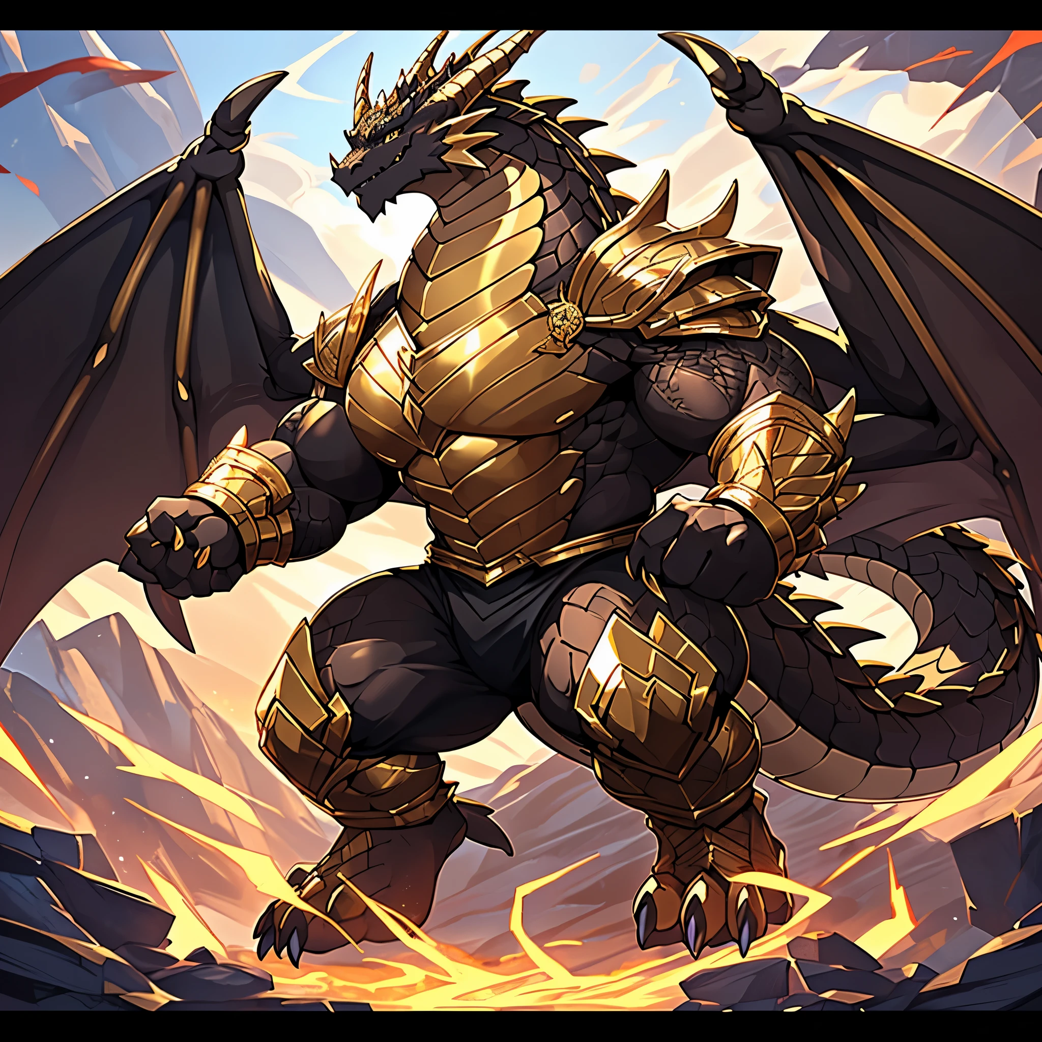 (The violent and powerful Dark Gold Dragon King，Wearing modern black and gold armor and black tights，Inlaid with dark gold gemstones：200)，Strong physique的龙形恶魔，(Large dragon body，Huge chest，Majestic wingspan，Sharp and huge dragon claws，Thick iron tail，Sharp dragon scales，The huge dark gold dragon king：2)，Strong physique，(Dark gold scales，Very tight crotch，Mighty dragon-shaped demon：2)，Dragon legs apart，Dragon wings unfold，The dragon's claws open，Excited grin，Huge mount，Overwhelming presence，Full body picture，Very detailed，4k HD