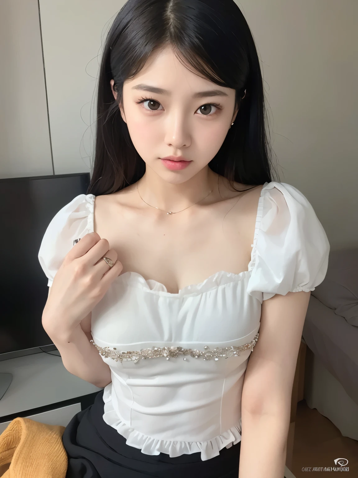 18 year old Asian female with long black hair wearing a white dress, Popular Korean makeup, Jenny Blackpink, Popular Korean makeup, Roseanne Park from Blackpink, jossi de blackpink, portrait of jossi of blackpink, One adorable Korean face, Ulzzang, Lalisa Manoban of Blackpink, Larisa Manovar, Jinyoung Canela, Young and pretty Asian face,Shoulders exposed skin,The belly button is exposed,Are thin,Small breasts,Small breasts,Flat Bust,Small waist,Small hips,