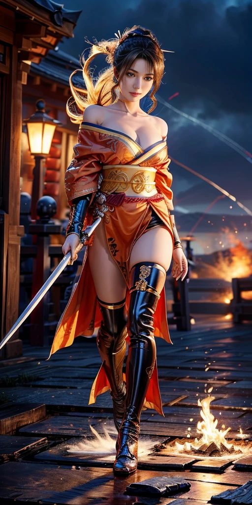 (RAW shooting, Photoreal:1.5, 8k, highest quality, masterpiece, ultra high resolution), Sengoku, fire thing:1.3, War fires raging everywhere:1.3, perfect dynamic composition:1.2, Highly detailed skin and facial textures:1.2, Slim female samurai with a sharp Japanese sword:1.3, Fight:1.2, beautiful and aesthetic, cute and sexy beauty, perfect style:1.2, wear elaborate rings, fire, water, Wind, thunder, ice, Fair skin, very beautiful face, (Medium chest, Chest gap), (embarrassing smile, The expression on your face when you feel intense caress, Facial expression when feeling pleasure), (Wearing a sexy Sengoku uniform:1.1, off shoulder), (beautiful blue eyes, Eyes that feel beautiful eros:0.8), (Too erotic:0.9, Bewitching:0.9), full body shot