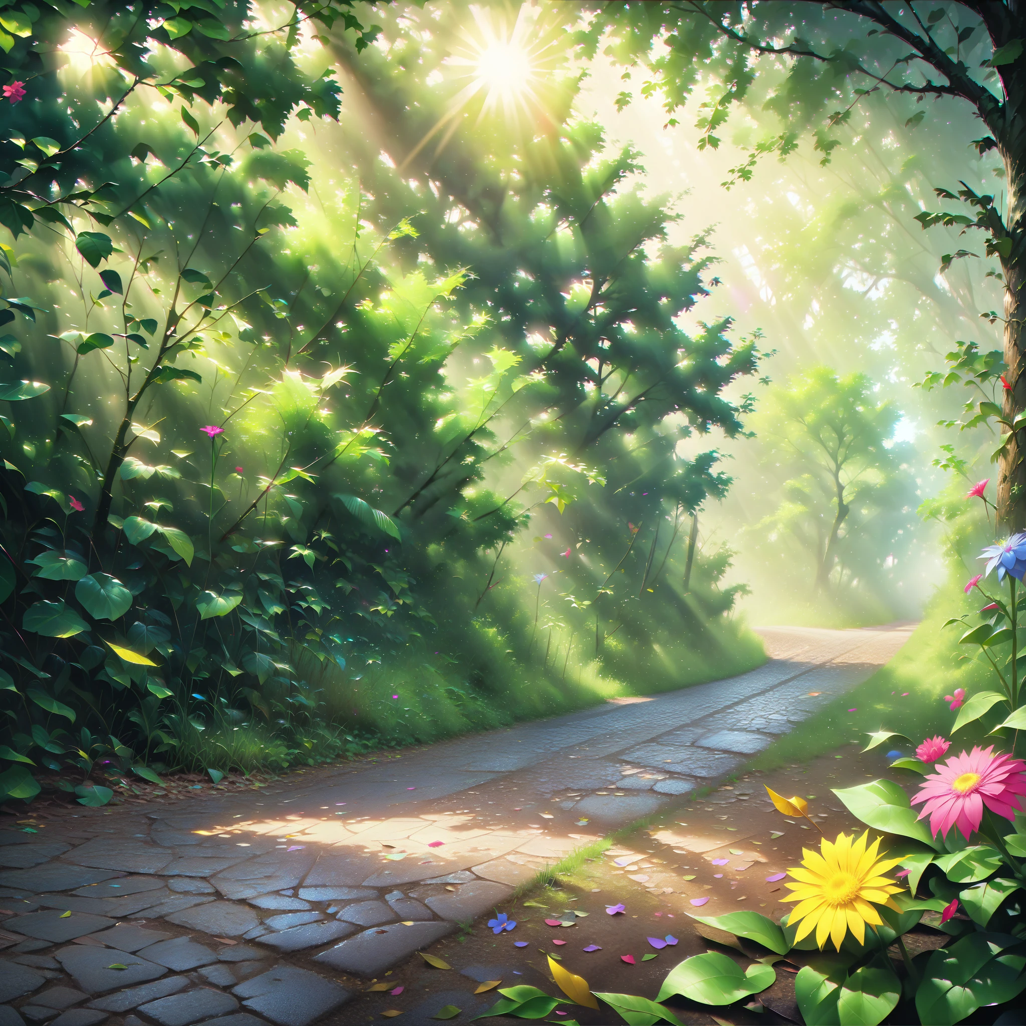 crossroads, forest road, at morning, near field, sun through leaves, flower, ((masterpiece, best quality, ultra-detailed, an extremely delicate and beautiful)), ((photorealism, hyperrealism)), ((extremely detailed CG unity 8k wallpaper)), ((award winning, ccurate, UHD, textured skin, chromatic aberration, perfect anatomy, golden ratio)), (exquisite attention to detail), ((perfect_composition, perfect_design, perfect_layout, perfect_detail, ultra_detailed)), ((aesthetic harmony)), ((aesthetic style))