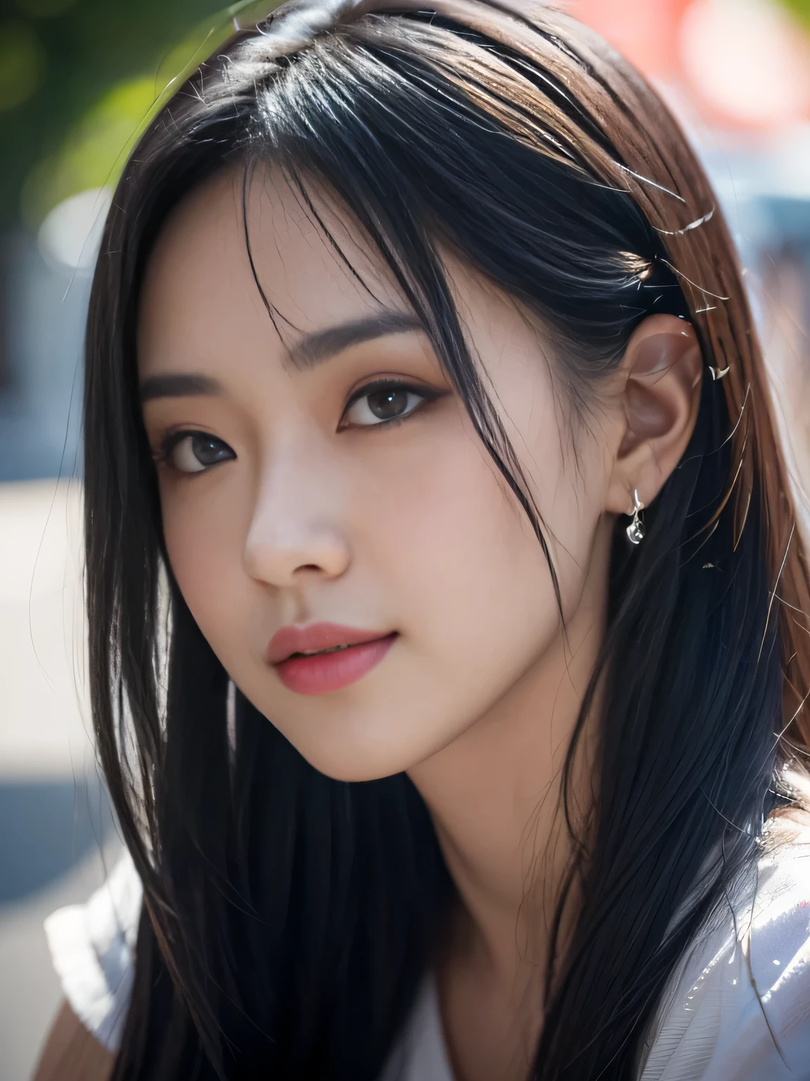 black hair, hair bobbles, wince, longeyelashes, solid circle eyes, light smile, ear blush, fang, Surrealism, drop shadow, anaglyph, stereogram, tachi-e, pov, atmospheric perspective, 8k, super detail, ccurate, best quality,best quality, masterpiece, Ultra-high resolution, (Reality:1.4), original photo, 1 Girl, Silver Hair, Glowing skin, Dramatic Lighting