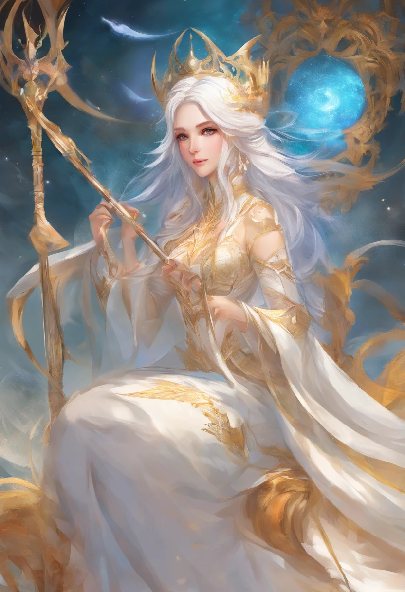 (masterpiece,best quality), , facing front, , {middle view}, , {long hair}, , (ponytail),, {upper body}, , {white hair}, , {fantasy},, (mature woman), , {28 years old} ,, {anime woman}, , {bright blue eyes},, {smile},