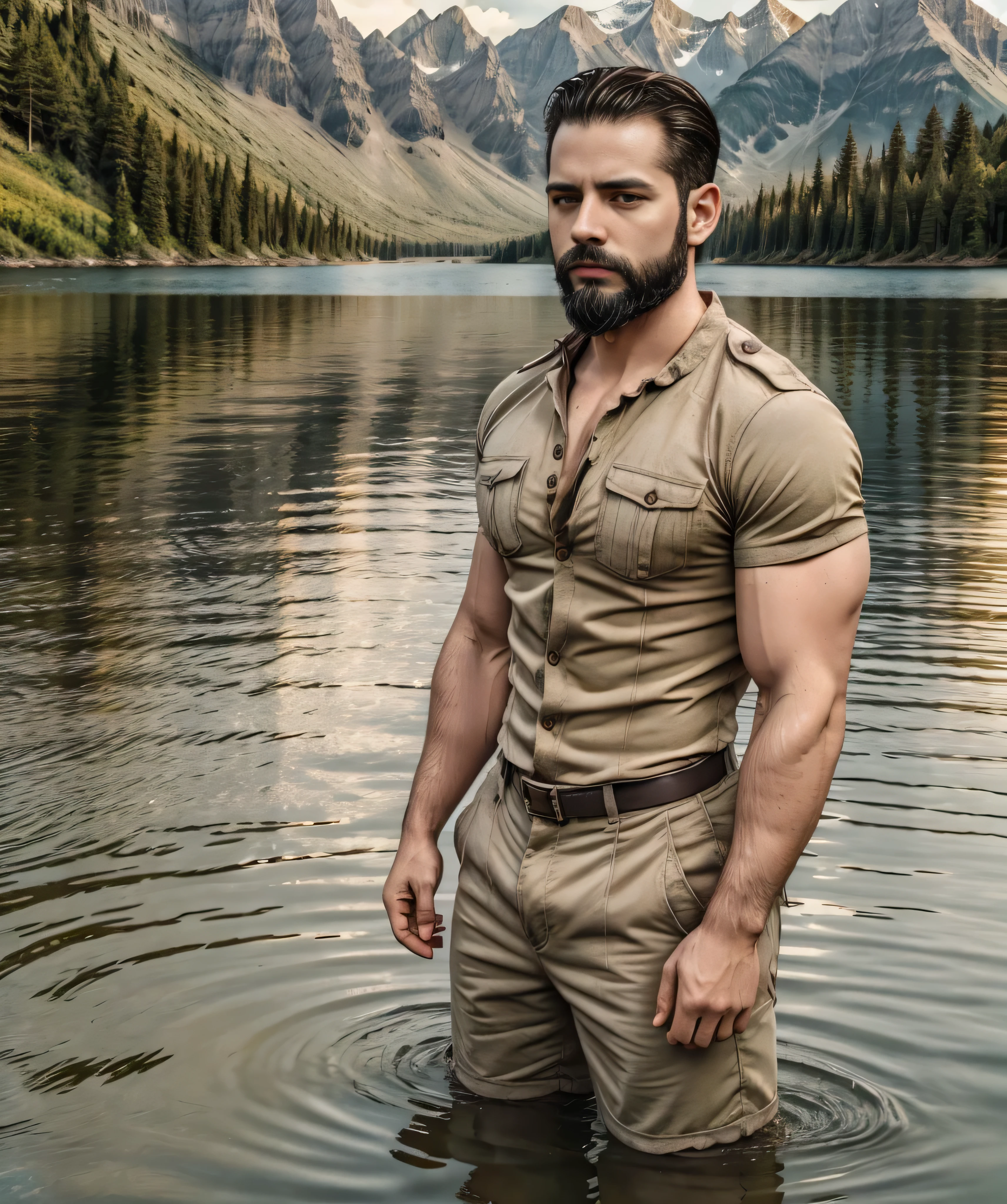 man with a beard and military shirt, standing at the edge of a lake, extremely handsome. (best quality,4k,8k,highres,masterpiece:1.2),ultra-detailed,(realistic,photorealistic,photo-realistic:1.37), detailed eyes, detailed lips, brown beard, muscular, confident expression, retro style, dramatic lighting, vibrant colors, peaceful and serene atmosphere, reflections on the water, symmetrical composition, crisp focus, golden hour lighting, calm and clear water, mountains in the background, lush greenery, picturesque scenery, stylish outfit, rugged and masculine appearance, contemplative pose, strong and toned physique.