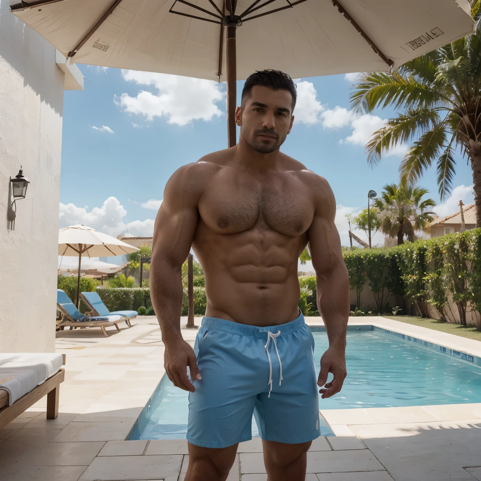 Viejo hombre musculoso, ropa interior blanca, elegante, cuerpo completo Piscina, mejor calidad, Obra maestra, ultra high resolution,antecedentes detallados,solo,male,bara,muscular,vello facial,macho maduro,muslos gruesos,swim Piscina,nadador, swimsuit,swimsuit,cielo azul,mirando al espectador,profundidad de campo,verano, backside 