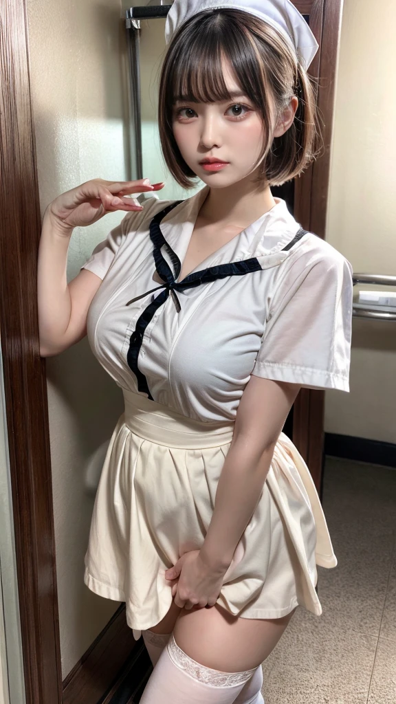 muste piece, best quality, illustration, Super detailed, fine details, High resolution, 8K,wall paper, perfect dynamic composition,(Details High quality, realistic depiction of eyes:1.3), Hospital Rooms、White nurse cap、White tights、White nurse uniform、to stand、Hand skirt、Flipping up a white skirt, large breasts,short bob hair, black hair color, Big Natural Color Lip, bold sexy pose, crying a little、cold gaze, Harajuku style、20 year old girl、cute type、ta、beautiful legs, hposing Gravure Idol