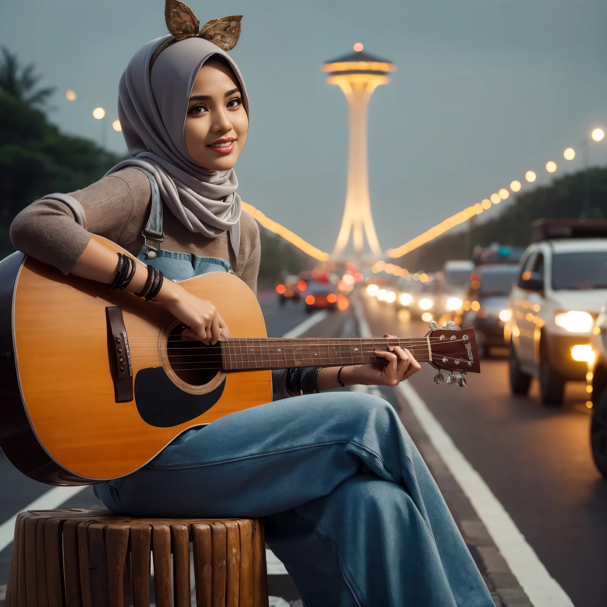 RAW, Best quality, high resolution, masterpiece: 1.3), Beautiful Malay woman in hijab (iu:0.8),looking at viewert，Portrait photography of a beautiful young malay girl in hijab , wearing ((gray satin headscarf)), loosely tide hijab style, Wearing a turtleneck sweater and skinny jeans, big breast，Detailed eyes，Sitting on the mossy ground in rain forest， diffuselighting, depth of fields