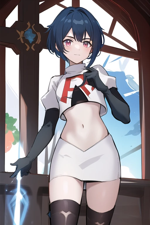 masterpiece, absurdres,genshin impact, Genshin Impact, game character, video game, (xingqiu), short blue hair,male focus, trap, crossdressing,1boy,team rocket,team rocket uniform,white skirt,red letter R,crop top,black thigh-highs,black elbow gloves