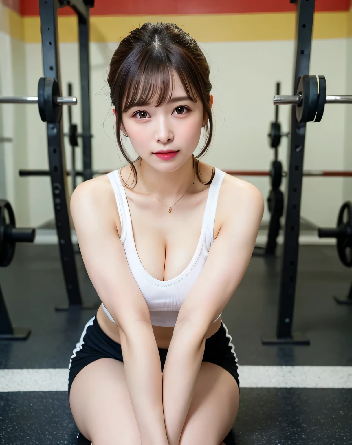 ((Real Photo:1.5)),Realistic、live-action、Above the knees photo、Stand up straight, highest quality, Cleavage、 Very detailed, In detail, High resolution, 8k wallpaper, Perfect dynamic composition, Beautiful fine details, cute fitness wear, Natural color lip,38 year old,Perfect and beautiful face,sports gym