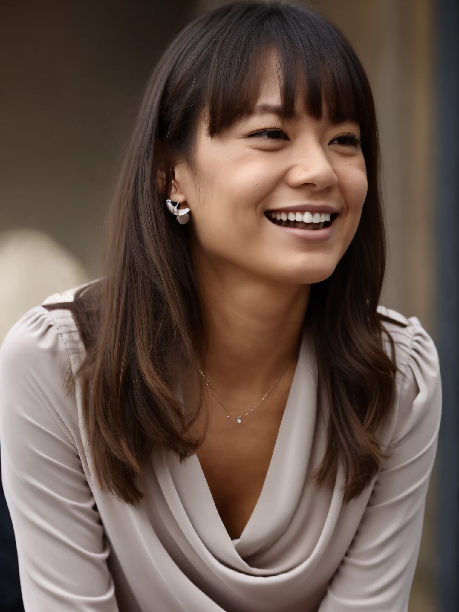 NSFW, ((highest quality)), ((8K)), ((masterpiece:1.3)), (perfect look), (photorealism:1.6), (woman walking in the city), (The sky dyed red by the sunset), japanese woman, 47 years old, ((Realistic skin texture)), (Fine wrinkles throughout the skin: 1.3), (Dull skin: 1.1), (Skin without moisture: 1.2) , (Wrinkles on the face: 0.9), (Wrinkles on the corners of the eyes: 1.2), Double eyelids, tear bags on the lower eyelids, (Crying moles: 0.9), The eyes are looking here, serious gaze, (Dimples: 1.2), short bangs, long hair, Long hair with curls at the tips, (hair falls over ears), smiling with the corners of the mouth raised, soft fabric off bowtie blouse, wide sleeves, Cuffs that fit your wrist, flare skirt, barefoot, hair fluttering in the wind, small breasts, (whole body: 1.4), low angle,