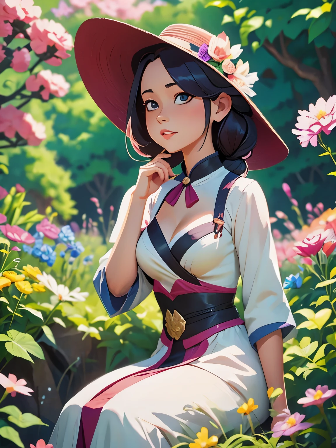 painting of a woman in a dress and hat sitting in a garden, an anime drawing by Yang J, Artstation, fantasy art, artwork in the style of guweiz, ”beautiful anime woman, beautiful character painting, beautiful anime portrait, made with anime painter studio, guweiz on artstation pixiv, beautiful anime woman