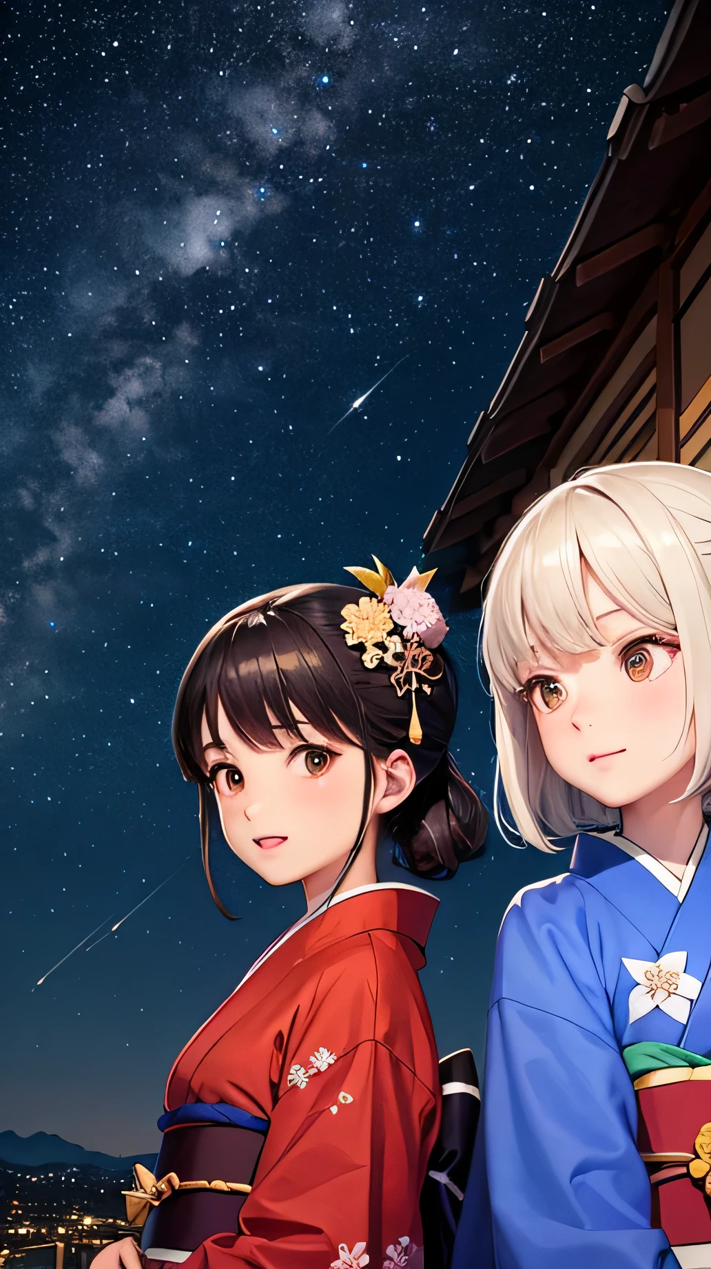  (detailed), Perfect Face,Two kimono girls standing side by side,Starry Sky