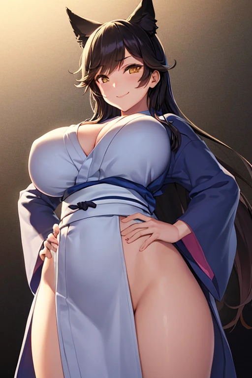((1girl)), perfect face, atago, black hair, long hair, brown eyes, animal ears, ((dark background)), facing forward, cowboy shot, lustful smile, in the center, ((giant breasts)), ((bending over)), ((hands on hips)), perfect hands, correct number of fingers, ((white yukata)),