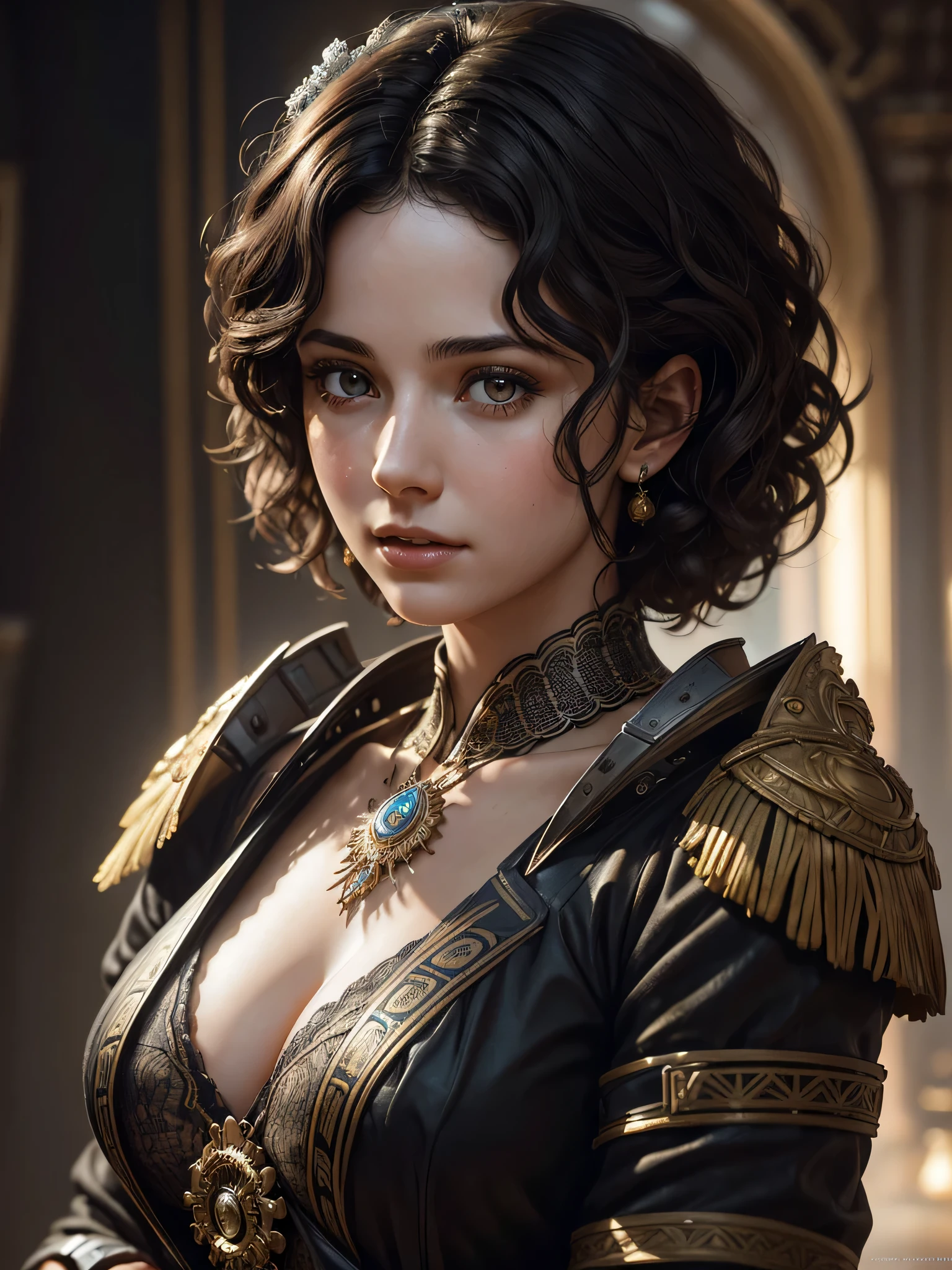 Centro,

Meio corpo of 

A 20 yo passionately exciting Woman [Elizabeth segunda:Maude adams:0.46],  

cabelo escuro curto e cacheado,

Meio corpo,

, ultra-detalhado, cinematographic photography, vazamentos de luz, Larry Bud Melman, trends on Artstation, sharp focus, studio photo, detalhes intrincados, Altamente detalhado, por Greg Rutkowski
