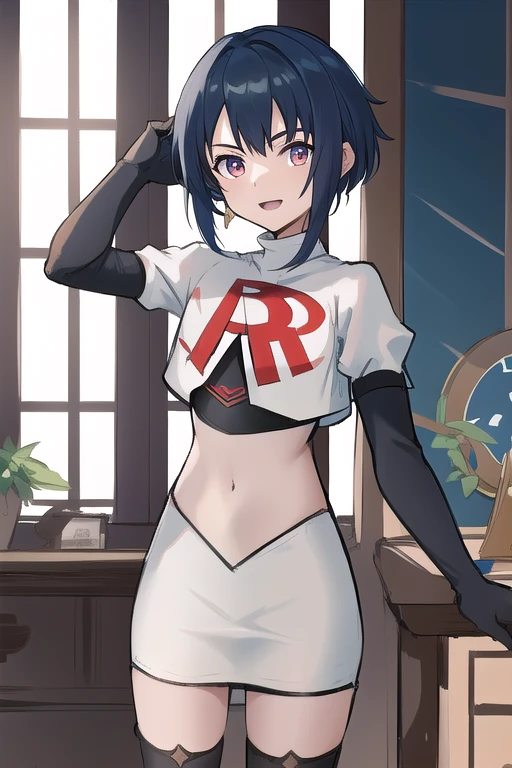 masterpiece, absurdres,genshin impact, Genshin Impact, game character, video game, (xingqiu), short blue hair,male focus, trap, crossdressing,1boy,team rocket,team rocket uniform,white skirt,red letter R,crop top,black thigh-highs,black elbow gloves