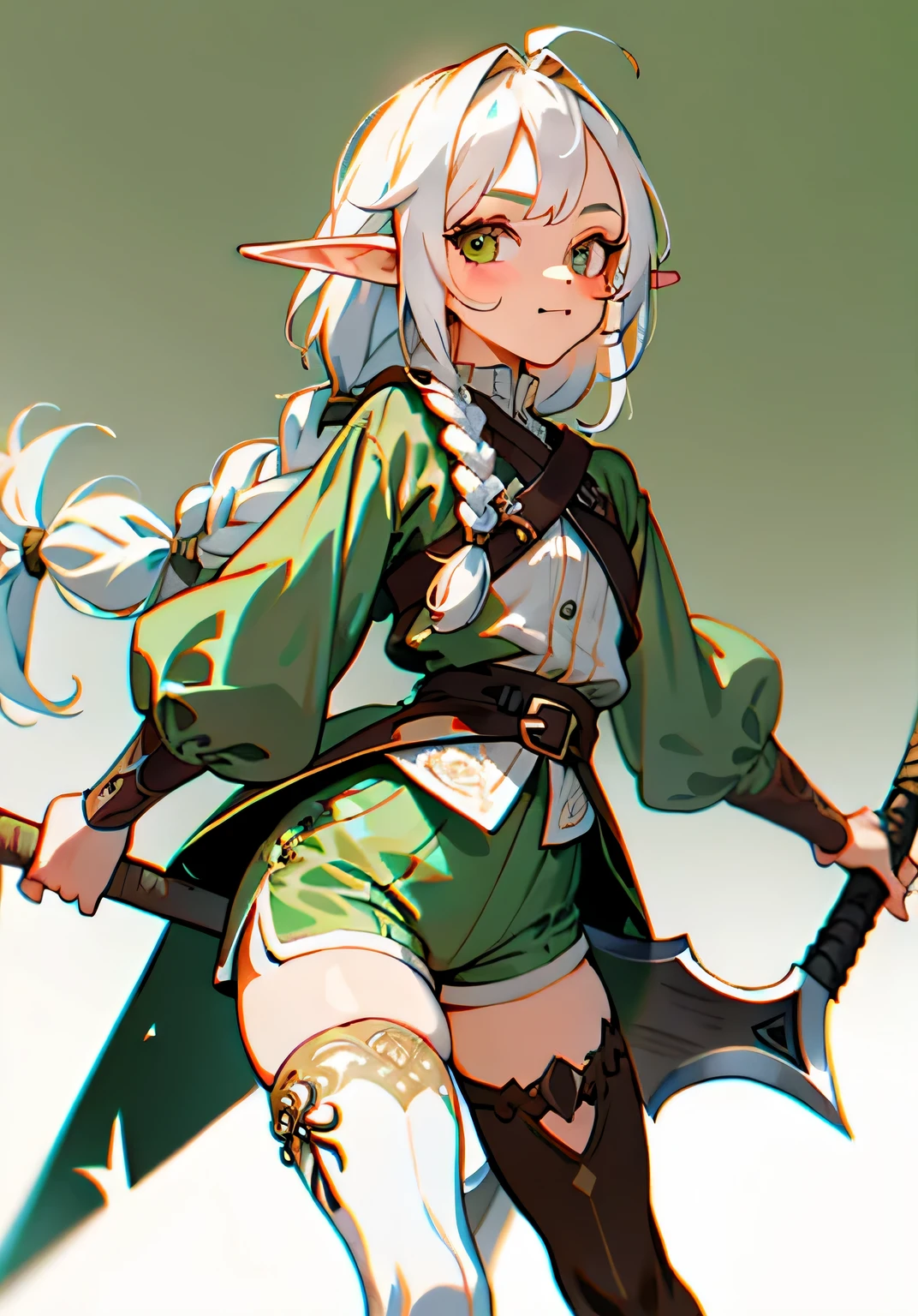 1GIRL, cute girl, finely detailed, (best quality), (intricate details), cute style, ranger style, elf girl, dungeons and dragons style, multicolored, ((long white hair in braid)), best quality, ((brown and green clothes)), ((long sleeve shirt and shorts)), ((thigh high socks)), ((round eyes)), beautiful face, happy eyes, cute face, pinup, perfect face, simple background portrait, hatchet, holding axe