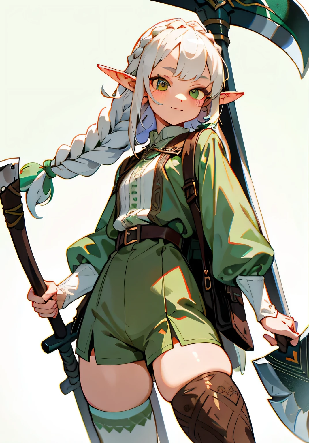 1GIRL, cute girl, finely detailed, (best quality), (intricate details), cute style, ranger style, elf girl, dungeons and dragons style, multicolored, ((long white hair in braid)), best quality, ((brown and green clothes)), ((long sleeve shirt and shorts)), ((thigh high socks)), ((round eyes)), beautiful face, happy eyes, cute face, pinup, perfect face, simple background portrait, hatchet, holding axe