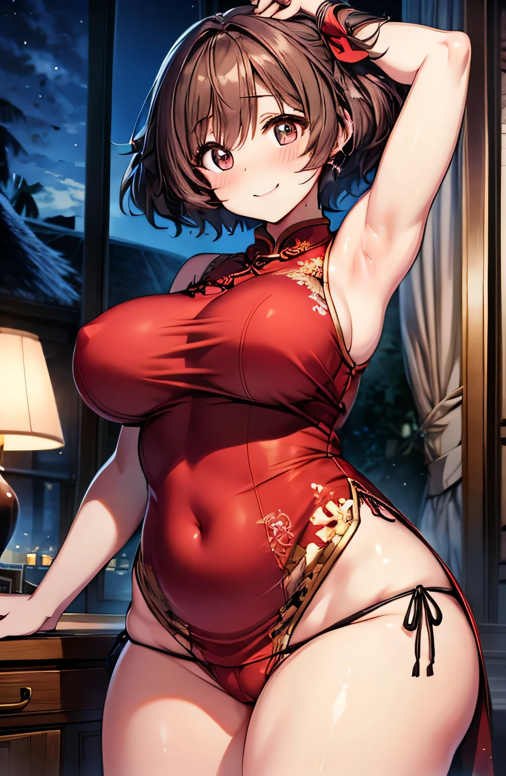 Anime illustration、highest quality、A short and plump gal、Luxurious atmosphere、Late Night、Resort hotels、Sexy red cheongsam、Perfect proportions、overwhelmingly big breasts、Beautiful, shining eyes、Cowboy Shot、Blushed、smile
