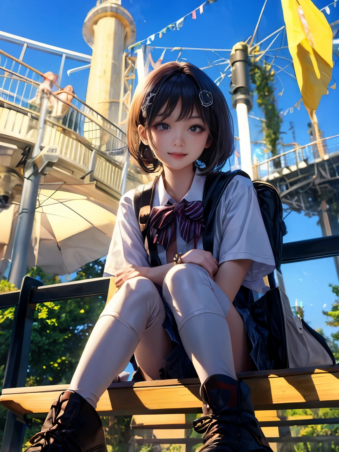 a toy of 1girl,(professional portrait, professional writing, Chibi character  : 1.5) ,
masterpiece,best quality,realistic,8k,
official art, ultra highres,

(American shot from below :1.5), (1girl, sitting on bench , spread legs :1.5), 
teenager, kawaii, skinny,
beautiful face, seductive smile,

slim legs,
perfect waist to hip ratio,
looking at viewer,
long hair, brown hair,
lips,
brown eyes,
smile, BREAK,  

cosplay,
jk_style, jk_skirt, jk_shirt, (striped), jk_bow,
shirt, short sleeves,
skirt, plaid skirt,
white pantyhose,
brown shoes, BREAK,  

fashionable accessories, 
bag, hair ornament,
jewelry, bracelet,
backpack, BREAK,  

outdoors, real world location, 
carousel, amusement park,  BREAK, 
BREAK, 

