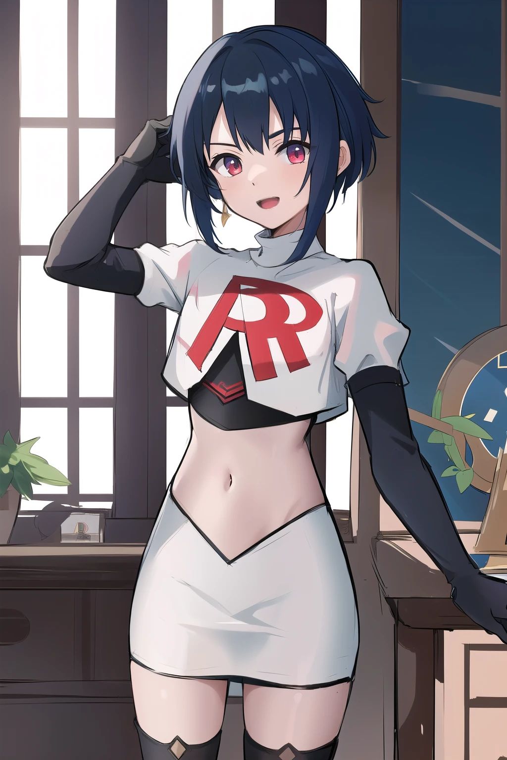 masterpiece, absurdres,genshin impact, Genshin Impact, game character, video game, (xingqiu), short blue hair,male focus, trap, crossdressing,1boy,team rocket,team rocket uniform,white skirt,red letter R,crop top,black thigh-highs,black elbow gloves