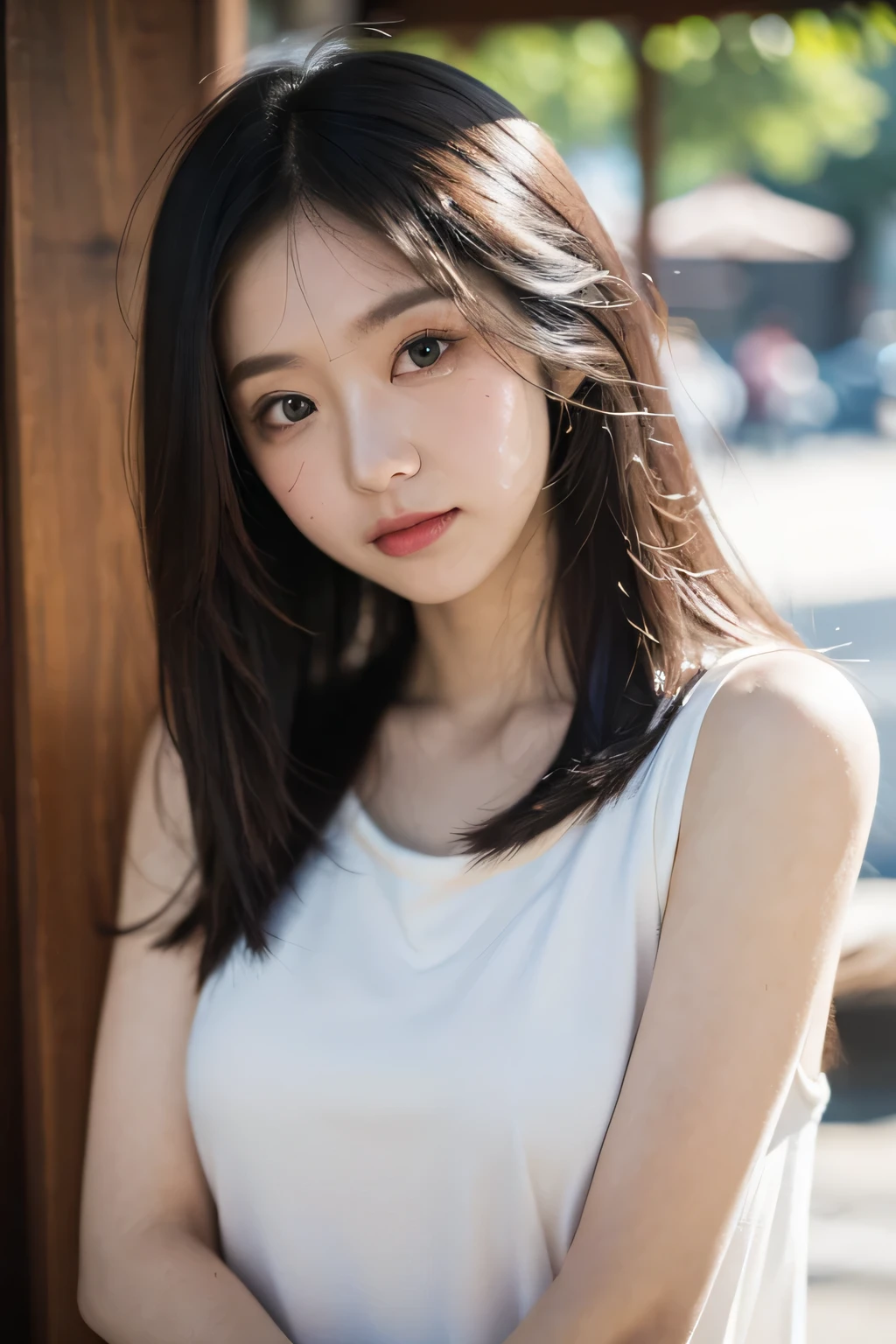 masterpiece , best quality , 8k , raw photo , sony camera alpha 7 , (SIGMA 24mm F1.4 DG DN ART:1.2) , (soft light:1.5) , portrait , 1girl ,beautiful , longhair , skin detailed , cowboy shot , on cafe , out side ,