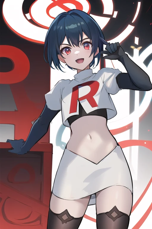 masterpiece, absurdres,genshin impact, Genshin Impact, game character, video game, (xingqiu), short blue hair,male focus, trap, crossdressing,1boy,team rocket,team rocket uniform,white skirt,red letter R,crop top,black thigh-highs,black elbow gloves