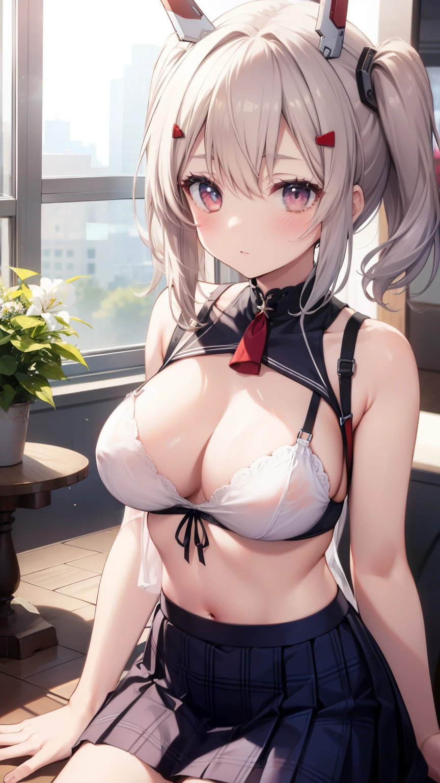 Azur Lane Ayanami、table top、High resolution、2 people、2 people girl、twins、2 cute girls、big and full breasts、naughty body、underwear only、See-through、pink lingerie、throw、kneel down、kneel down、Look up at me、confused face、blush、black pantyhos、navy check skirt、micro mini skirt、very short skirt、Department store、shop、Many people々、in the crowd、bare chest、show your chest、circle