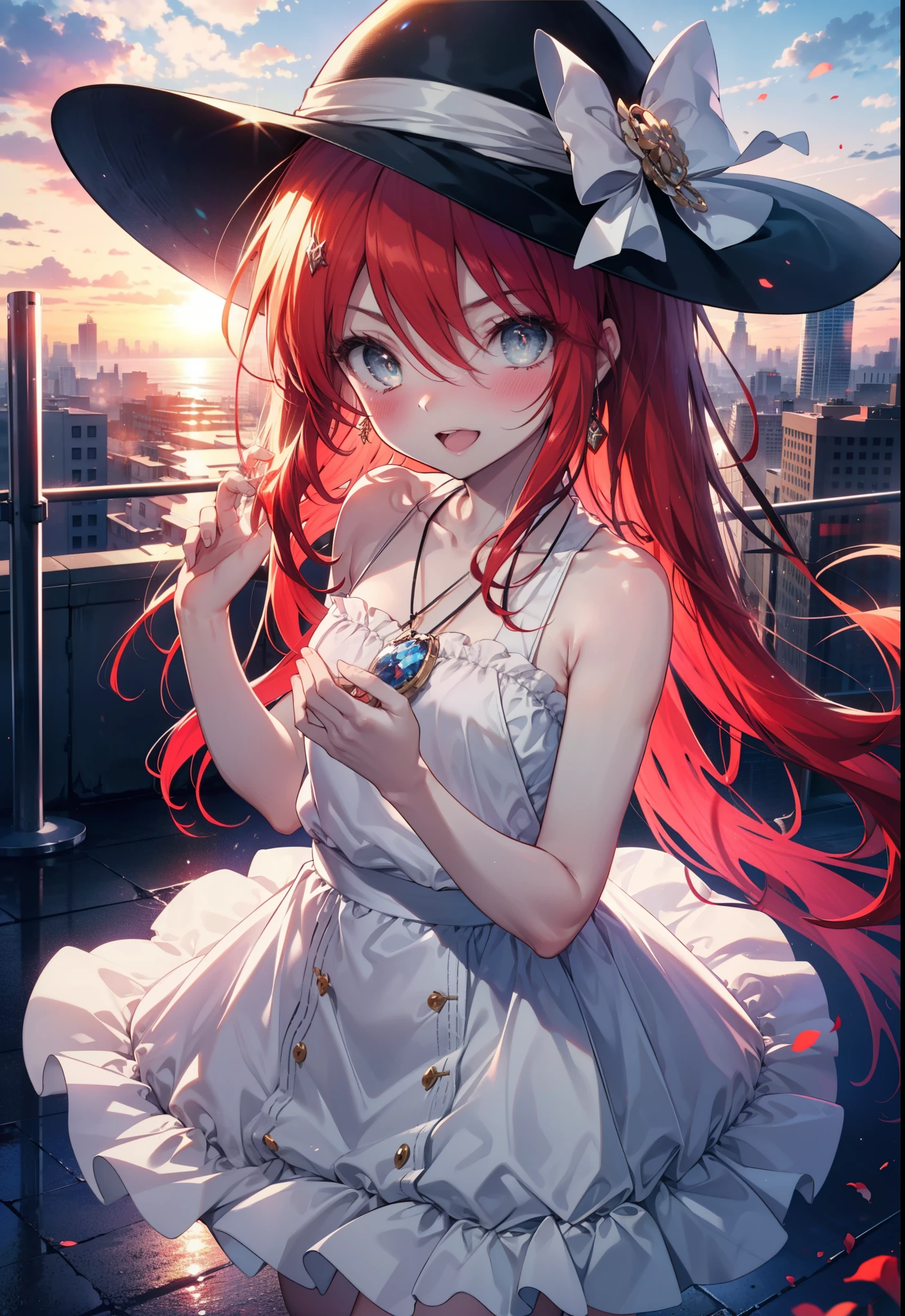 Shana,灼眼のShana,Ahoge,Long Hair,Red hair, Red eyes, small breasts,smile,blush,Open your mouth,Sleeveless dress,Bare shoulders,bare clavicle,Bare neck,Rocket Pendant,White hat,Long skirt,Cute heeled sandals,Looking down from above,sunset,evening,The sun is setting,
break looking at viewer, (Cowboy Shot:1. 5)
break outdoors, City Street,Building district,
break (masterpiece:1.2), highest quality, High resolution, unity 8k wallpaper, (shape:0.8), (Fine and beautiful eyes:1.6), Highly detailed face, Perfect lighting, Highly detailed CG, (Perfect hands, Perfect Anatomy),