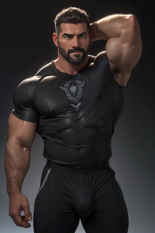 Obra maestra, mejor calidad, ultra detallado, 1 hombre, macho maduro, muscular, pedazo, bara, deportista, carne de res, negro skin, negro, piel bronceada, latino, 36 years old, negro hair, gray fur, barbas de chivo, cabello demasiado cortado, mirando al espectador, serious expression, camiseta gris, Tiro de medio cuerpo, science fiction background