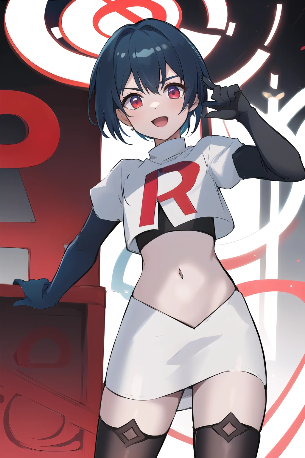 masterpiece, absurdres,genshin impact, Genshin Impact, game character, video game, (xingqiu), short blue hair,male focus, trap, crossdressing,1boy,team rocket,team rocket uniform,white skirt,red letter R,crop top,black thigh-highs,black elbow gloves