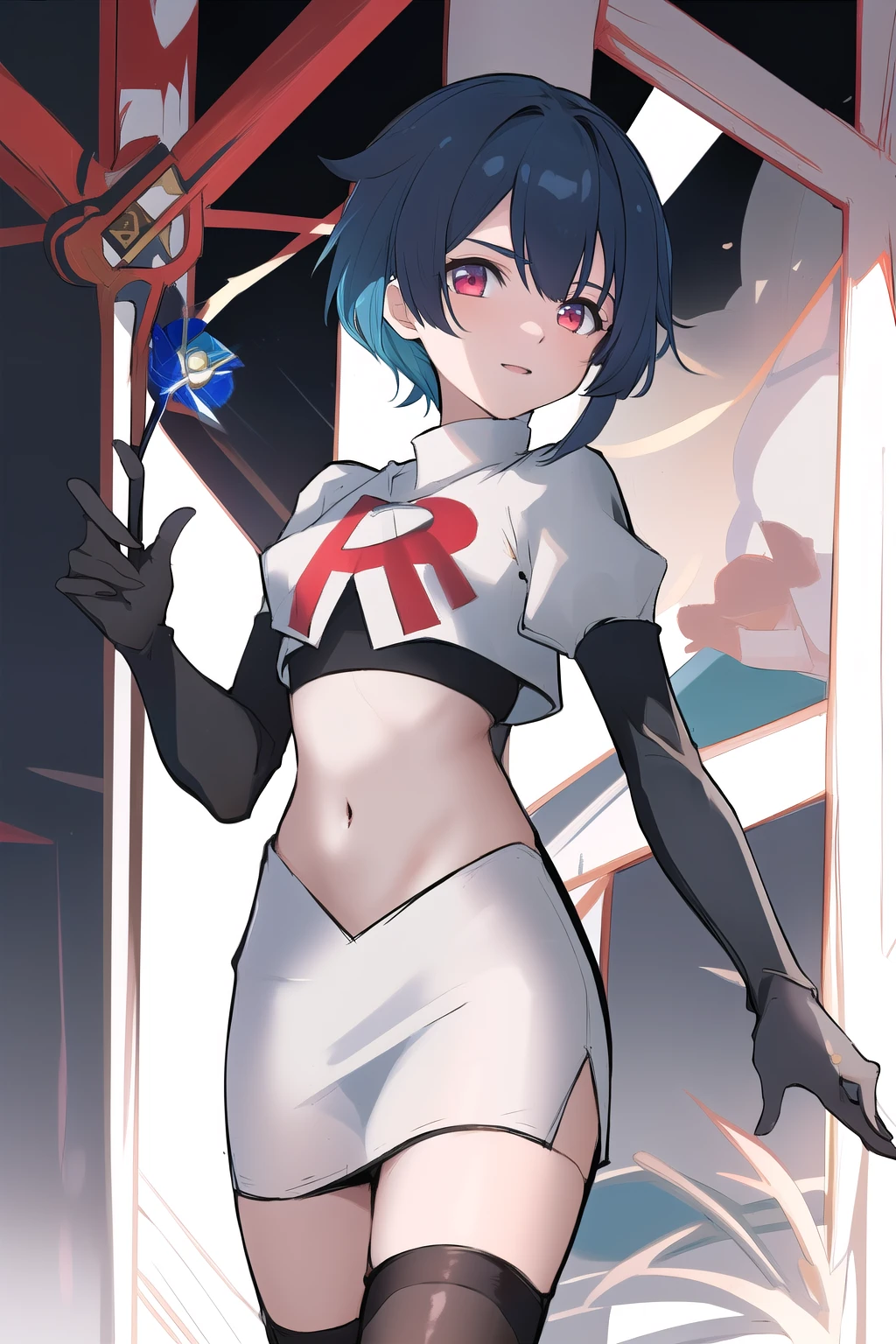 masterpiece, absurdres,genshin impact, Genshin Impact, game character, video game, (xingqiu), short blue hair,male focus, trap, crossdressing,1boy,team rocket,team rocket uniform,white skirt,red letter R,crop top,black thigh-highs,black elbow gloves