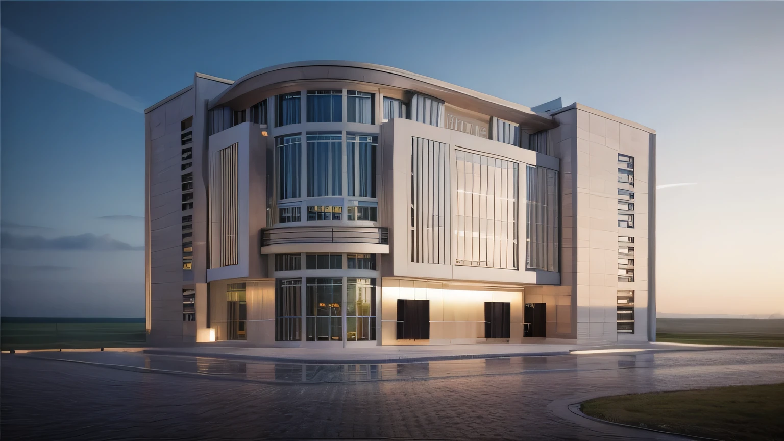 RAW photo, subject, 8k uhd, dslr, soft lighting, high quality, film grain, Fujifilm XT3, Realistic, Masterpiece, A modern architecture, simply facade, walkway, tree, road, stone, glassese window, daylight, clear sky, tower, hight building, square