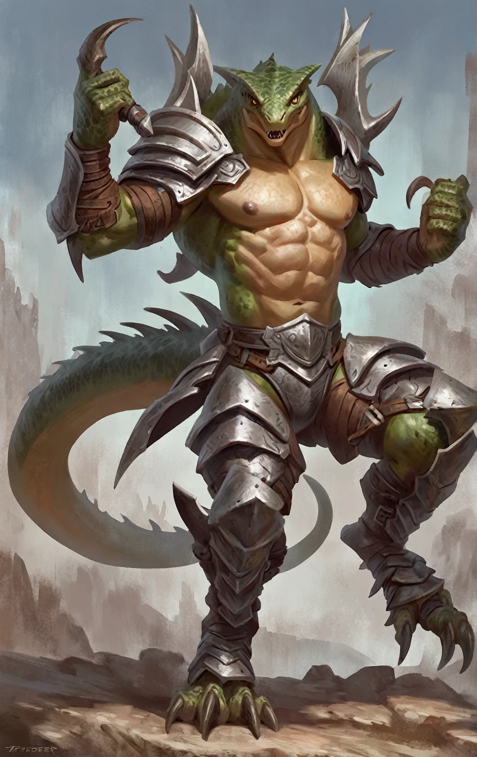 Lizard monster warrior,comic book style, illustration, solo, abs,, ferocious, male, [[badass pose]], nipples, masterpiece, best art, armor, full body, boots, digitigrade, by taran fiddler