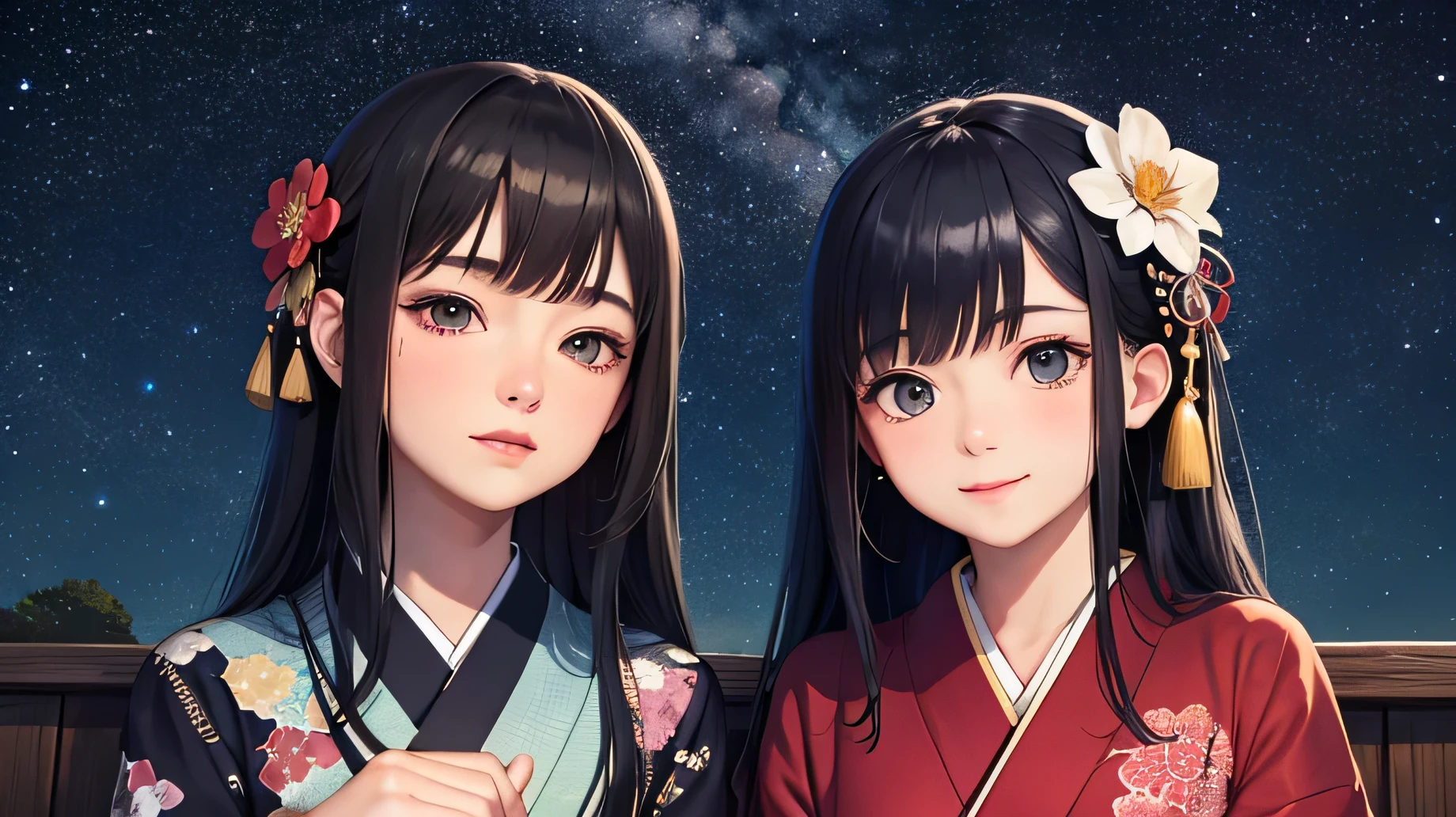 (detailed), Perfect Face,Two kimono girls sitting side by side,Starry Sky