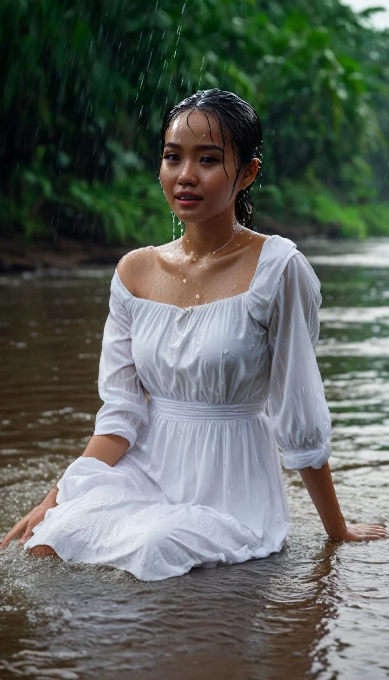 an Indonesian woman, wearing a white dress, soaking wet, sitting by the river, to take photos, with shots, casual/professional photos, 4k, 8k Ultra, Epic, detailed and intricate, smooth, FHD with autofocus clear image quality
