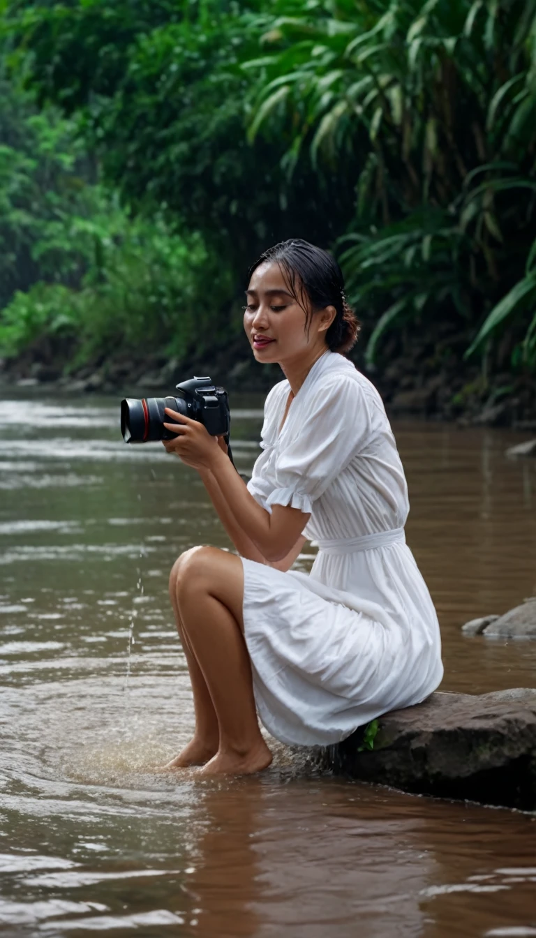 an Indonesian woman, wearing a white dress, soaking wet, sitting by the river, to take photos, with shots, casual/professional photos, 4k, 8k Ultra, Epic, detailed and intricate, smooth, FHD with autofocus clear image quality