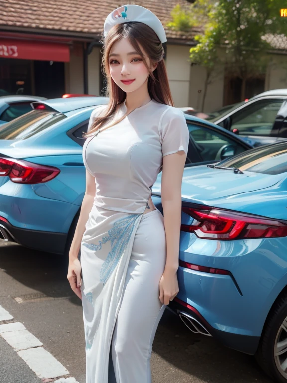 Nurse white top coat high hips, medium breasts, impressive body, long skirt, blue smile, welcoming likeness, crystal clear, highest image, intricate detail work.
