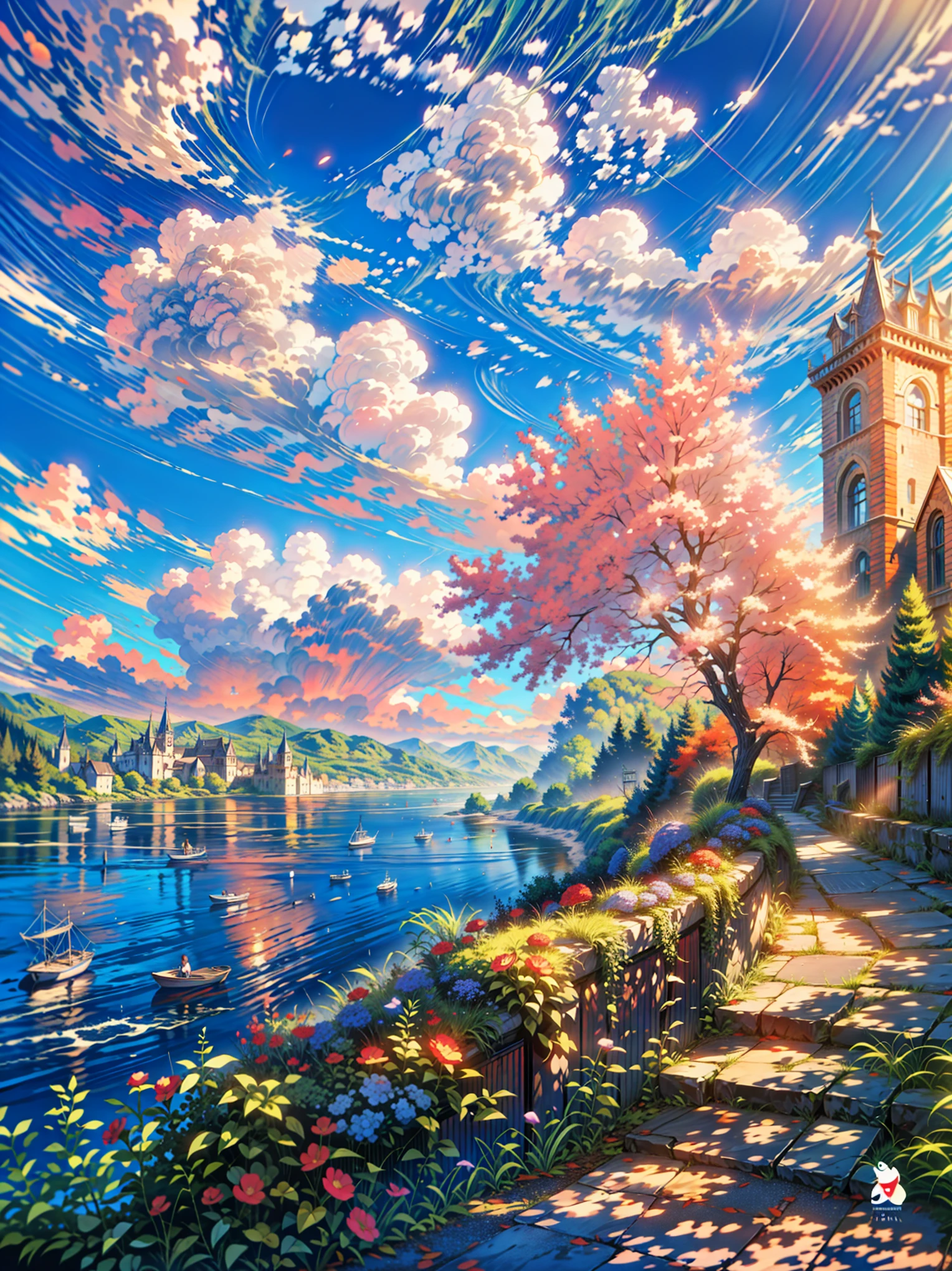 a painting of a castle by the water, by Scott Naismith, alena aenami and lilia alvarado, anato finnstark and alena aenami, colorful oil painting, colorful landscape painting, by Andrey Esionov, artistic. alena aenami, by Victor Surbek, impressionism painting, art of alena aenami, vibrant oil painting, 4k hd, beautiful art uhd 4 k, a beautiful artwork illustration, beautiful digital painting, highly detailed digital painting, beautiful digital artwork, detailed painting 4 k, very detailed digital painting, rich picturesque colors, gorgeous digital painting