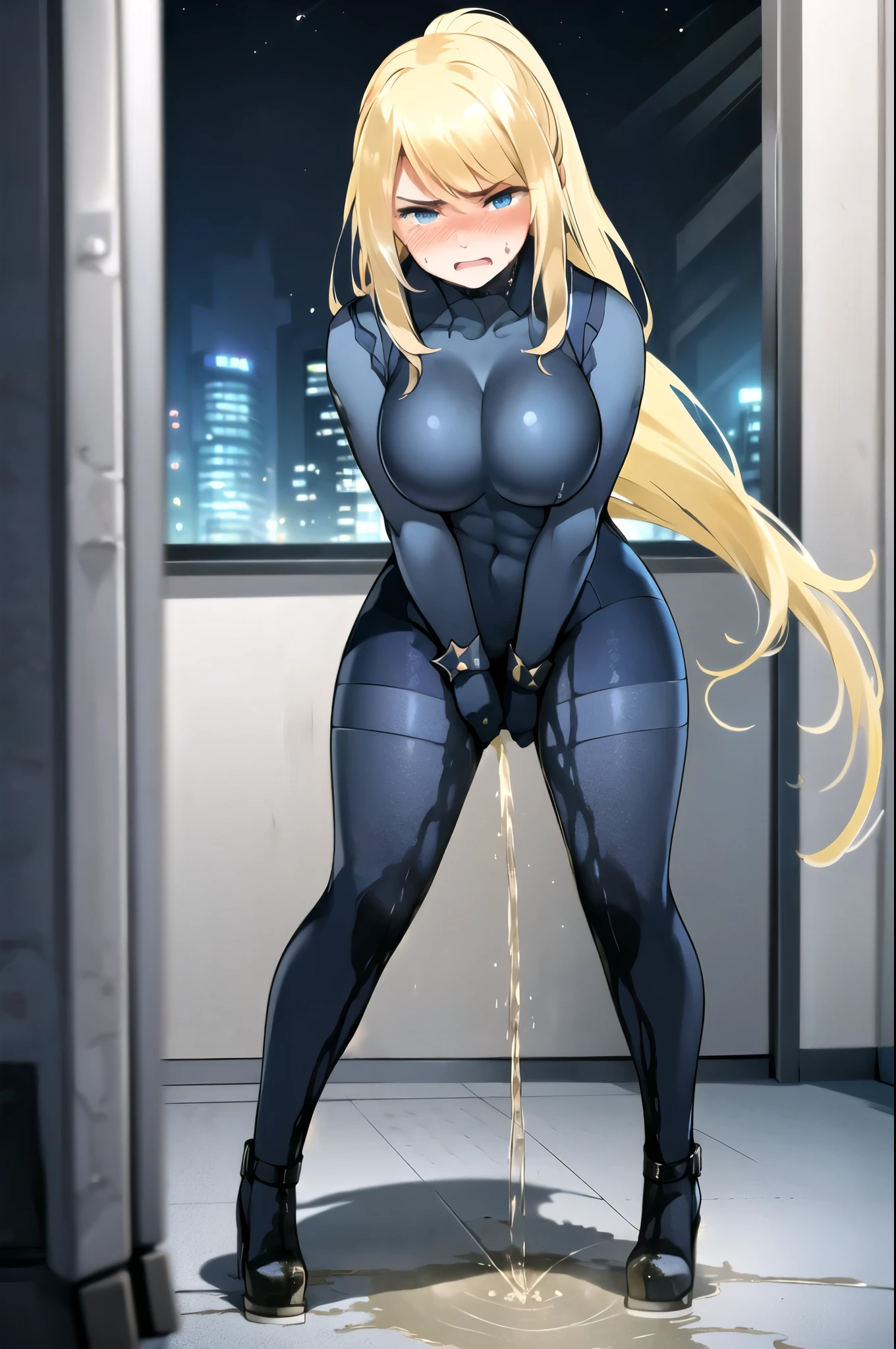 samus aran, (facing viewer:1.25), ponytail, large breasts, hair tie, blue gloves, blue bodysuit, (full bodysuit:1.5), high heels, (standing straight:2.0), peeing herself, (wetting herself:1.5), very large peeing stain, huge pee stain, best quality, ultra-detailed, HDR, studio lighting, professional, vivid colors, sharp focus, physiologically-based rendering, bokeh, landscape, blue color palette, soft lighting, dynamic shadows, (hands on thighs:1.5), embarrassed, humiliation, blushing, angry, tears, (facing viewer:2.0)