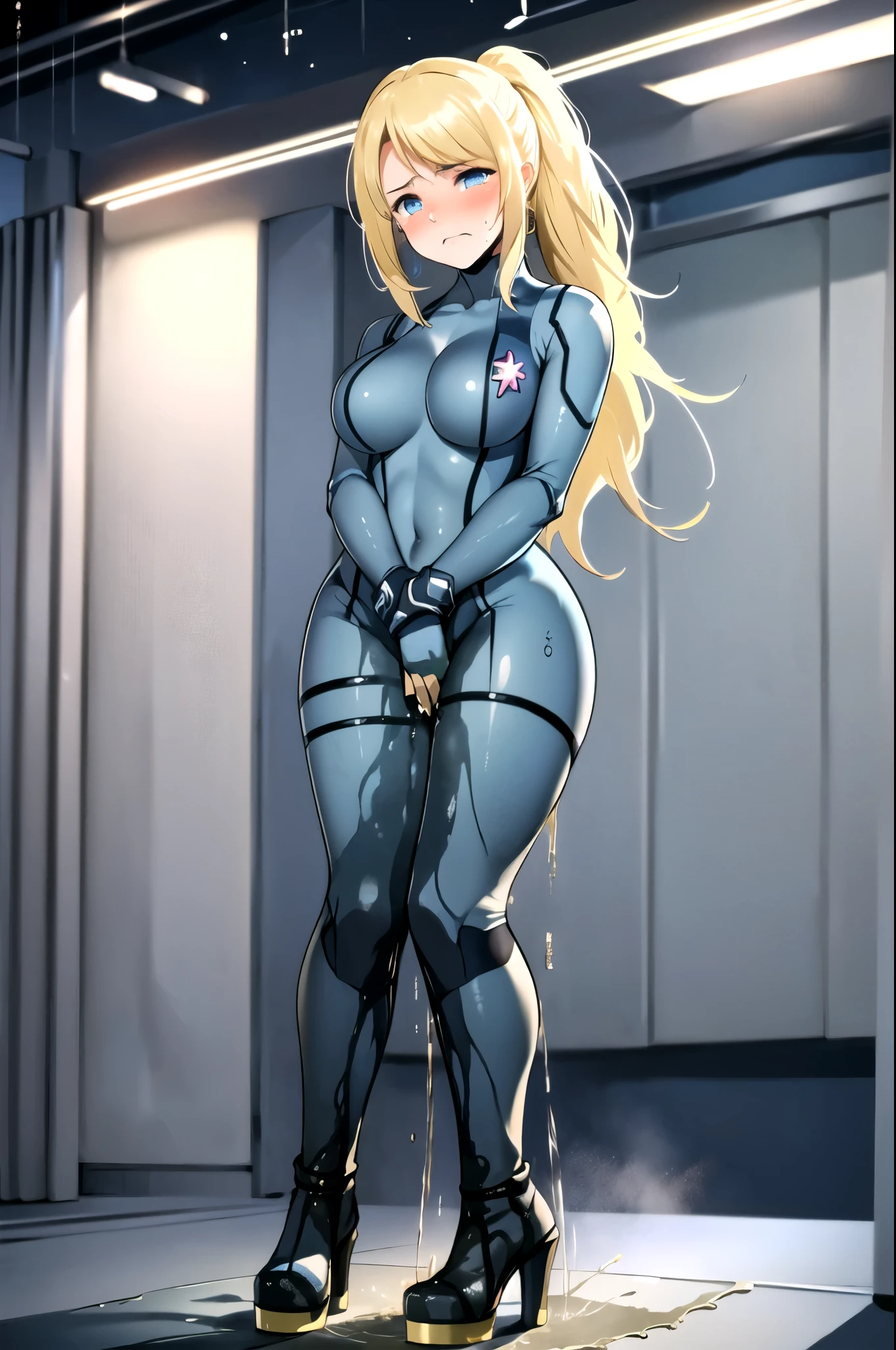 samus aran, (facing viewer:1.25), ponytail, large breasts, hair tie, blue gloves, blue bodysuit, (full bodysuit:1.5), high heels, (standing straight:2.0), peeing herself, (wetting herself:1.5), very large peeing stain, huge pee stain, best quality, ultra-detailed, HDR, studio lighting, professional, vivid colors, sharp focus, physiologically-based rendering, bokeh, landscape, blue color palette, soft lighting, dynamic shadows, (hands on thighs:1.5), embarrassed, humiliation, blushing, angry, tears, (facing viewer:2.0)