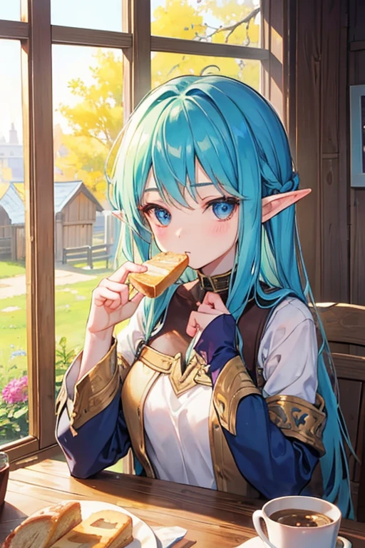 (a solo girl)++,Half-elf girl eating bread and salad, by the window inside the hut,Looking viewer,Wounds all over the body elf girl,dappled sunlight ,best quality,masterpiece,
