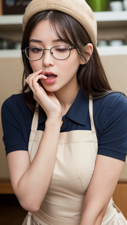 highest quality, Pieces fly, Ultra-high resolution, (that&#39;Photorealistic:1.4), RAW Photos, 1 girl,  ((Cafe staff)),((Cute Uniform)),(white t-shirt and jeans)),((beige apron)), Hair tied up, Plain black newsboy cap,Slender body,Fine grain,(Realistic eyes),Delicate face,realsK-san in,Detailed Hair,Detailed sKさんin, Very large breasts, Big Breasts, Always wear glasses, Pretty face, Blowjob, Holding an invisible cylindrical object and bringing it close to his mouth, Kneel, Close ~ eyes