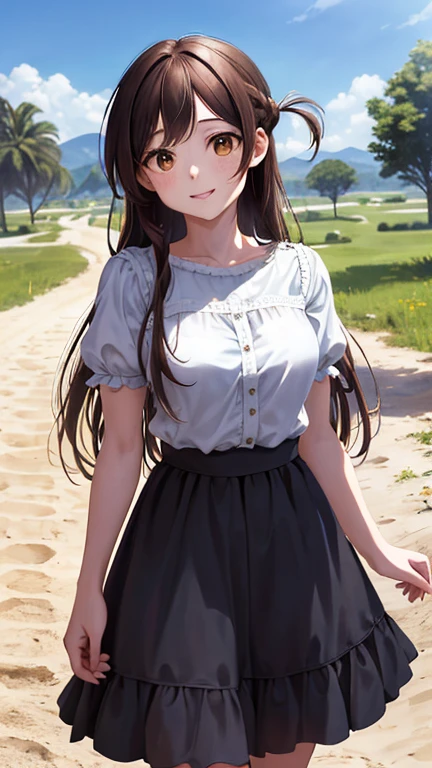 Obra maestra, mejor calidad, high resolution, chi1, 1 chica, pelo largo, trenza, one side up, solo, blusa blanca lisa con cuello alto, Falda a cuadros verde hasta la rodilla, golpes, al aire libre, sonrisa, pendientes, sosteniendo una bolsa