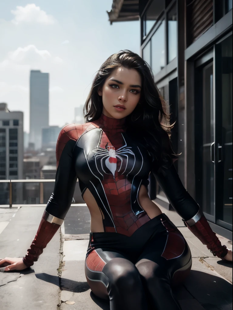 Prompt:full body cinematic shot, (1indian girl:1.3), Solo,fullbody portrait, wide angle shot, cinematic shot, (((Very detailed face)))), ((Very detailed eyes and face)))), Beautiful detail eyes, Body parts__, Official art, Unified 8k wallpaper, Super detailed, beautiful and beautiful, beautiful, masterpiece, best quality, original, masterpiece, super fine photo, best quality, super high resolution, realistic realism, sunlight, full body portrait, amazing beauty, dynamic pose, delicate face, vibrant eyes, (from the front), She wears Spider-Man suit, red and black color scheme, spider, very detailed city roof background, rooftop, overlooking the city, detailed face, detailed complex busy background, messy, gorgeous, milky white, highly detailed skin, realistic skin details, visible